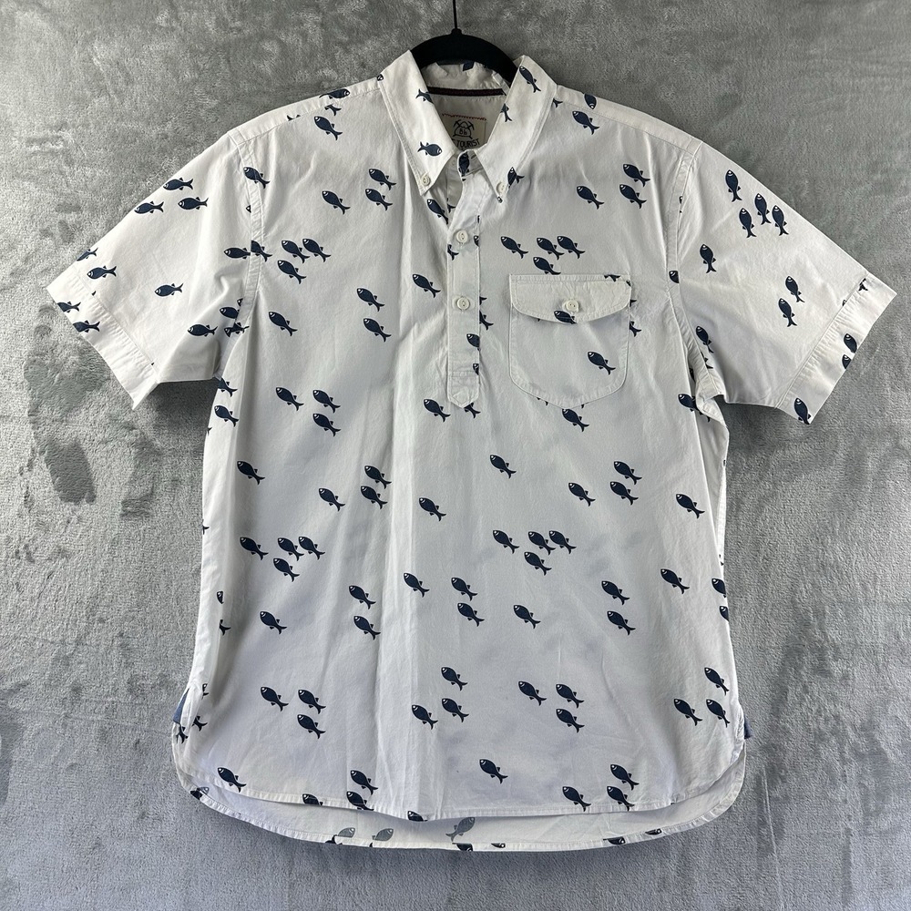 Burkman Bros Partial Button Down Shirt Men's M White w/ Blue Fish Print Cotton